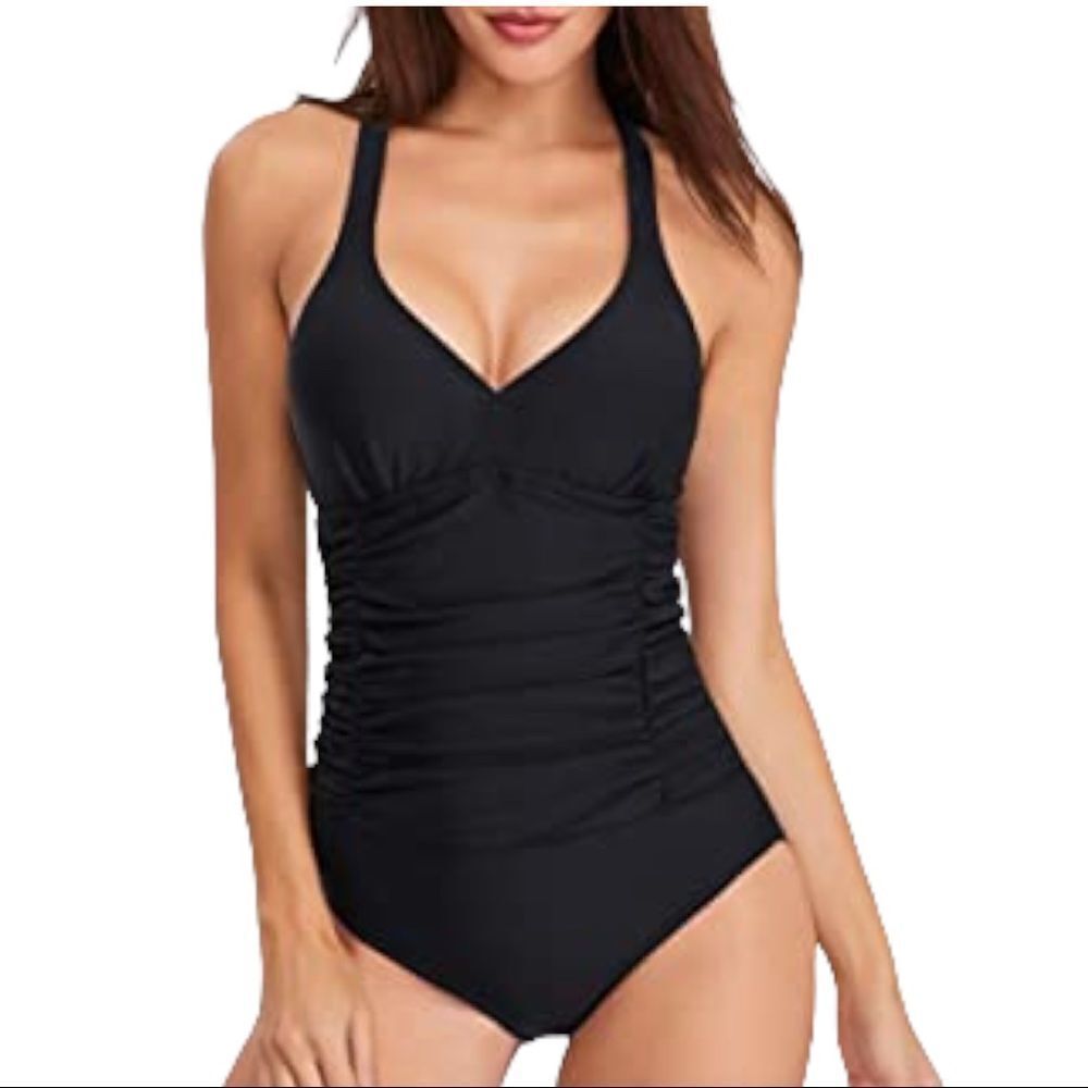Fantasizer Black One Piece V Neck One Piece Ruched Shape Control Swimsuit Size M